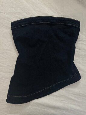 Mango dark wash denim corset top with asymmetrical hem